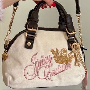 JUICY COUTURE Embroidered Velvet Dome Satchel Xbody Bowler Top Handles Key Crown
